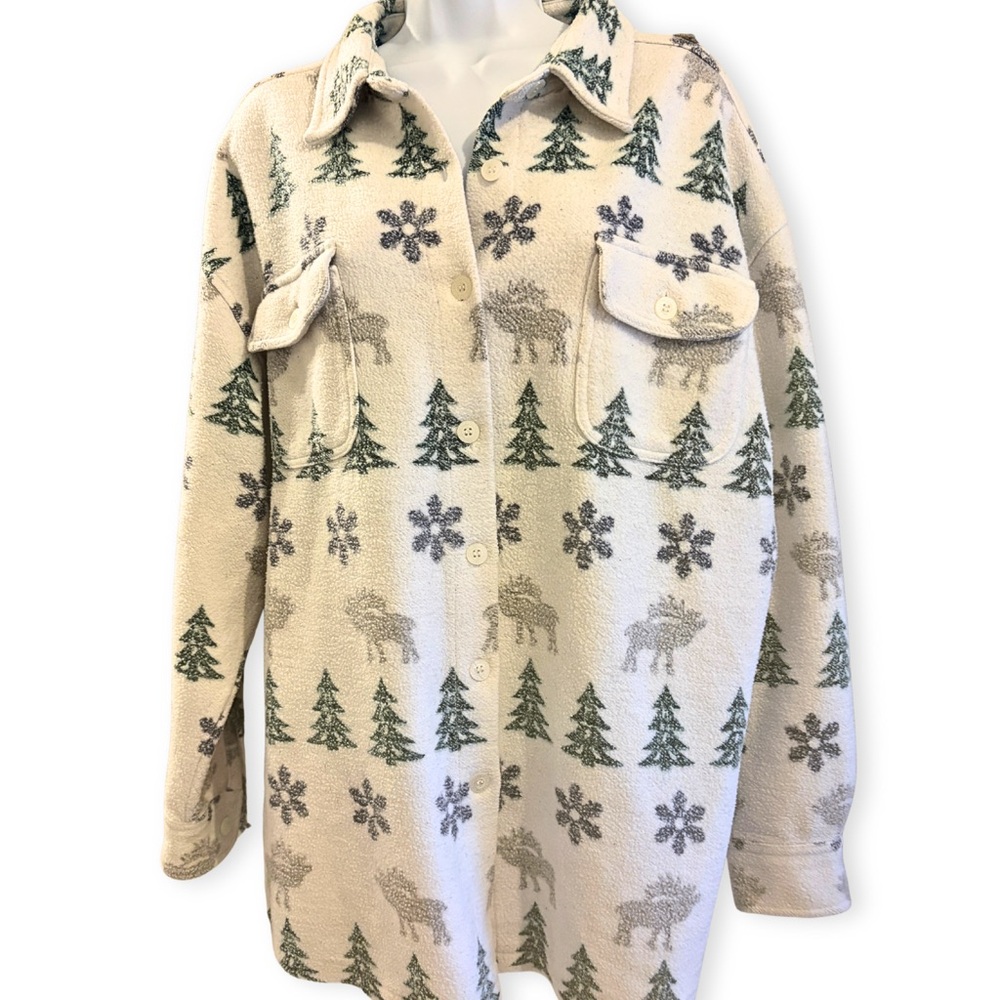 VINTAGE CHEROKEE FLEECE SHACKET Nordic Fair Isle Christmas Button Front SZ L